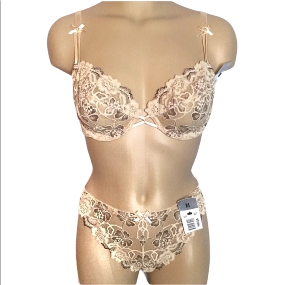 PARISA Underwire Bra and Panty Set Beige Tan and Brown Floral Lace 36C / Medium